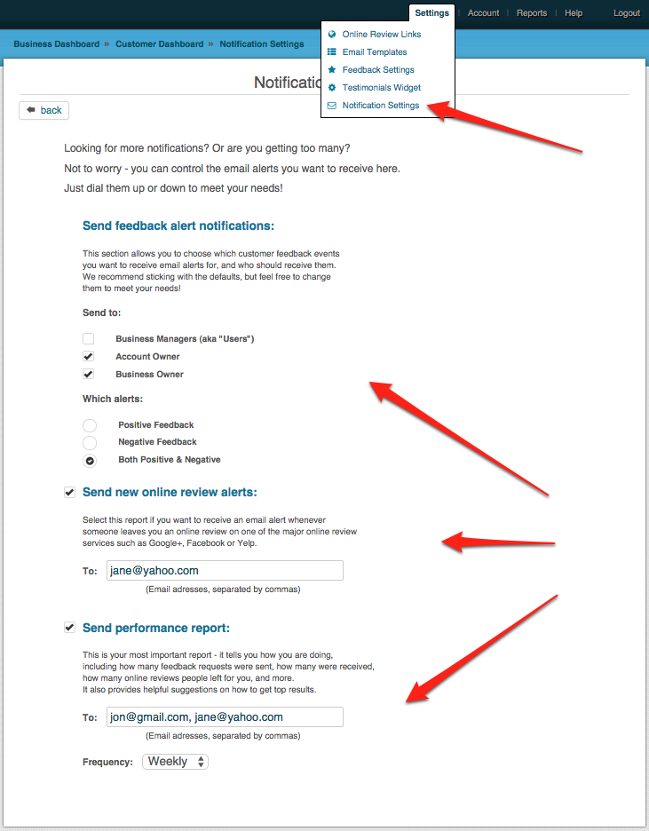 email notification settings