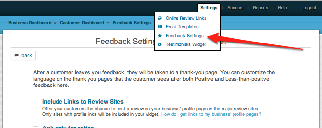 feedback page settings
